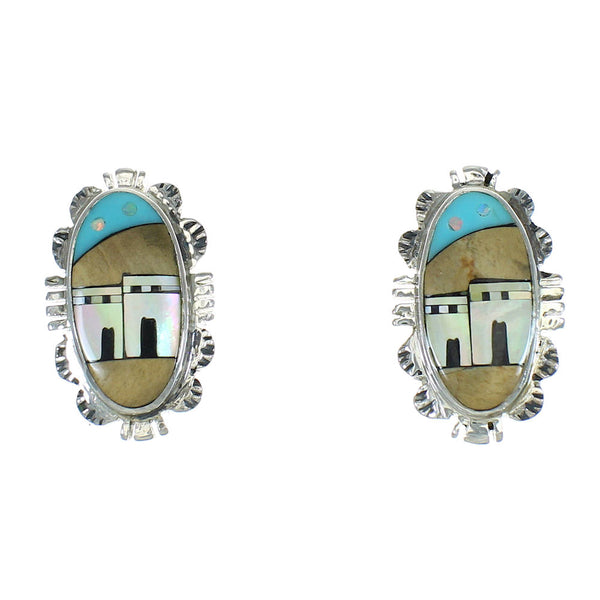 Silver Native American Pueblo Design Multicolor Inlay Post Earrings AX81254